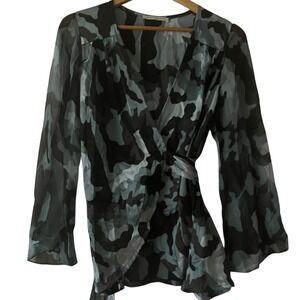 KENT NIELSEN Women's Camo Wrap Long Sleeve Sheer‎ Blouse Top Business Casual